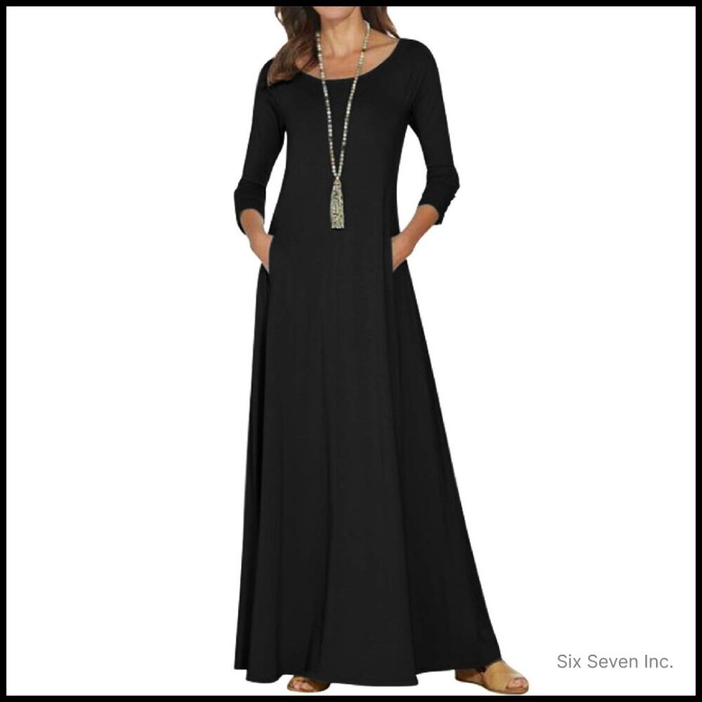 Cotton Polyester Maxi Dress Oversized Casual Elegant 3/4 Sleeve Pockets